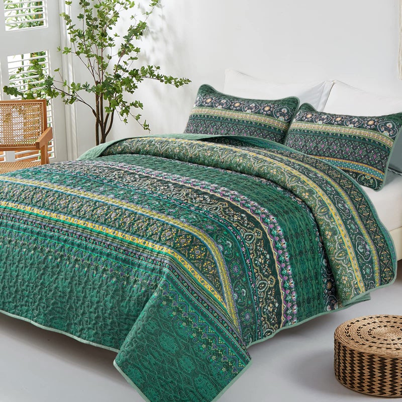 WONGS BEDDING Boho Quilt Queen Size  Green Bohemian Queen Quilt  Lightweight Microfiber Bed Decor Bedspread for All Season 96""x90""(3 Pieces) - Image 2